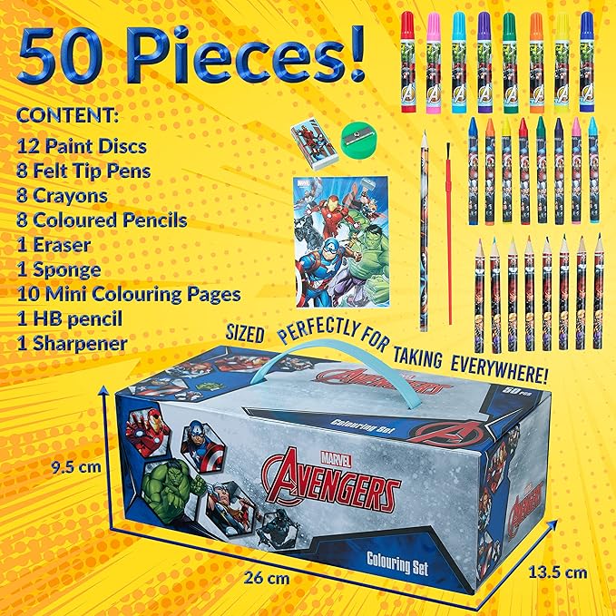 Marvel Art Case for Kids with Colored Pencils Markers Crayons Watercolors Drawing Supplies Travel Art Kit Gifts for Kids (Multicolor Avengers)
