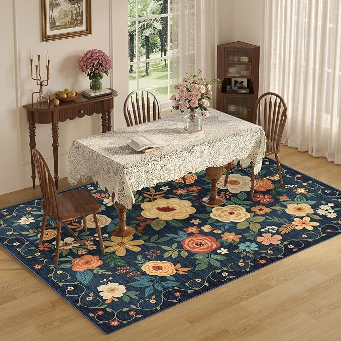 DUKINO 8x10 Area Rugs, Floral Washable Living Room Rug Non Slip, Navy Blue | Low Pile, Stain Resistant, Soft Indoor Large Carpet for Bedroom, Dining Rom, Kids Playroom, Pet Friendly, Modern Home Decor