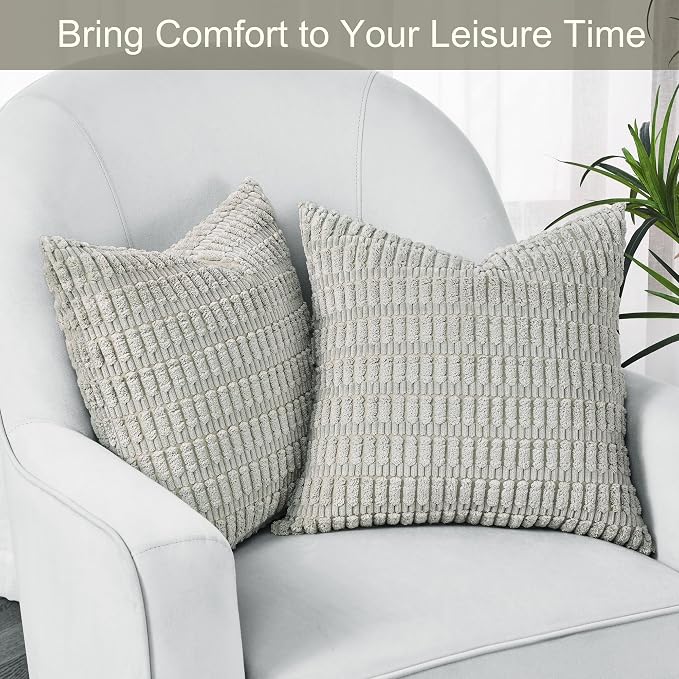 Volcanics Pack of 2 Light Grey Decorative Throw Pillow Covers 18x18 Inch | Soft Corduroy Striped Square Cushion Cases, Modern Farmhouse Boho Home Decor for Couch Bed Sofa Living Room