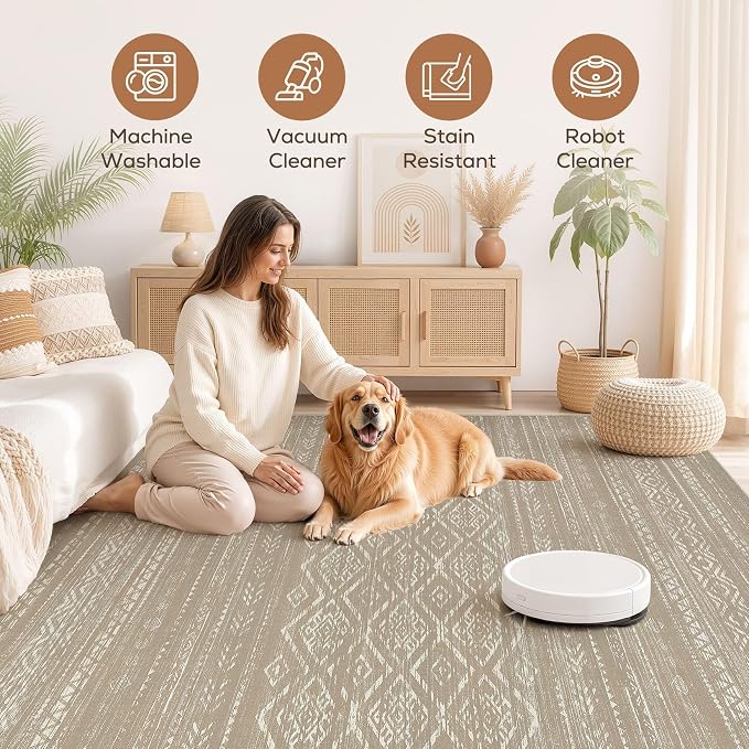 Nakagishi Area Rug Living Room Rugs: 8x10 Large Soft Machine Washable Boho Moroccan FarmNeutral Stain Resistant Indoor Floor Carpet for Bedroom Under Dining Table Home Office Decor-Dark Brown