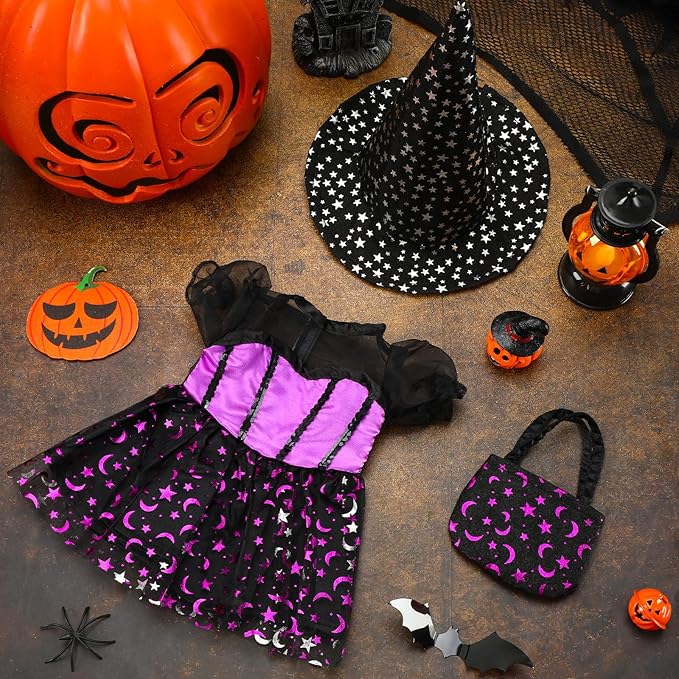 18 Inch Doll Clothes Accessories, Halloween Witch Costume Candy Corn Suit Set with Witch Hat Candy Bag for Doll Halloween Costumes Gifts