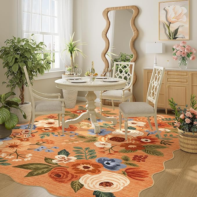 DUKINO 5x7 Area Rugs for Bedroom, Floral Washable Rug Non Slip, Orange | Low Pile, Soft, Stain Resistant Throw Rugs for Living Room, Dining Room, Office, Nursery, Pet Friendly, Modern Home Decor