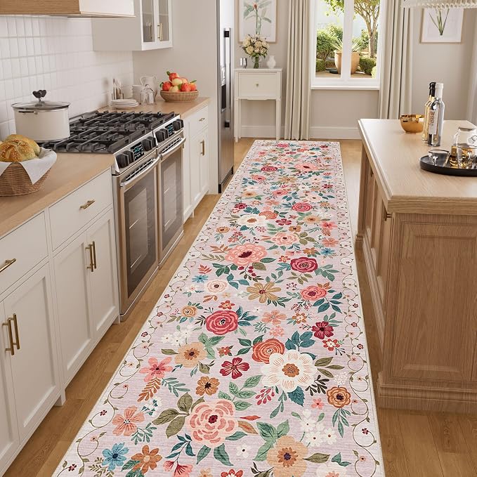 DUKINO 3x12 Washable Runner Rug, Long Hallway Runner Rug Non Slip, Beige | Soft, Low Pile, Floral Indoor Runner Rug for Kitchen, Entryway, Bedroom, Bathroom, Laundry, Modern Home Decor, Non-Shedding