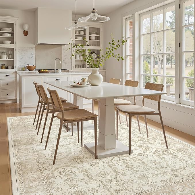 Soalmost 5x8 Area Rug Low Pile Washable Trendy Faded Style Rug, Beige/Brown | Vintage Non-Slip Indoor Accent for Bedroom Dining, Foldable Stain Resistant Floor Carpet Mat Under Table Home Office Decor