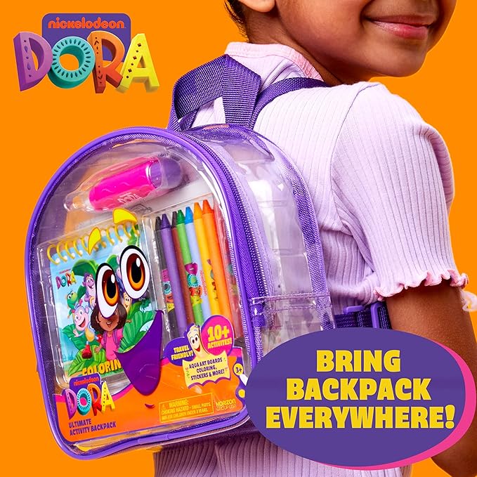 Dora Ultimate Backpack, 10+ Creative Projects in a Reusable Backpack, Includes Aqua Art, Coloring Sheets, & Cute Stickers, Less-Mess Toddler Toys, Road Trip Essentials for Kids, Great Airplane Toy