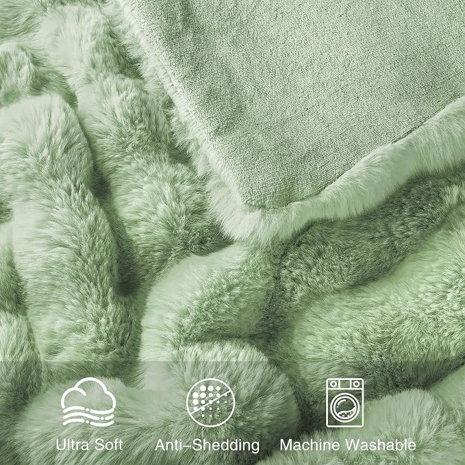 Comelady Soft Fluffy Faux Fur Throw Blanket 60"x80", Bubble Plush Texture | Sage Green Thick Fuzzy Blanket, No-Shedding, Aesthetic & Cozy for Couch Bed Room Decor, Warm Gift for Women Men