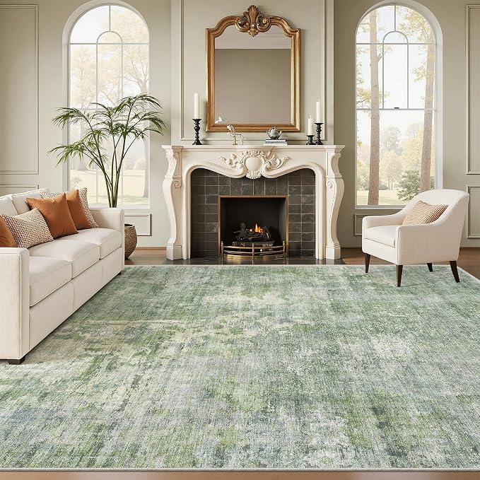 Soalmost 9x12 Area Rugs for Living Room Washable Rug Abstract Green/Ivory | Non-Slip Large Modern Carpet for Dining Bedroom, Soft Low Pile Lightweight Foldable Floor Mat Nursery Home Office Decor