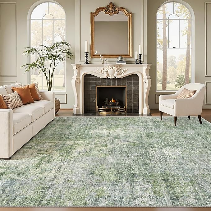 Soalmost 10x12 Area Rugs for Living Room Washable Rug Abstract Green/Ivory | Non-Slip Large Modern Carpet for Dining Bedroom, Soft Low Pile Lightweight Foldable Floor Mat Nursery Home Office Decor