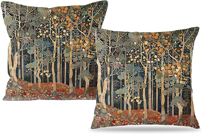 Rustic Autumn Forest Pillow Covers 18x18 Set of 2, Fall Home Room Decor, Vintage Botanical Nature William Morris Inspired Decorative Throw Pillow Covers for Home Bedroom Living Room