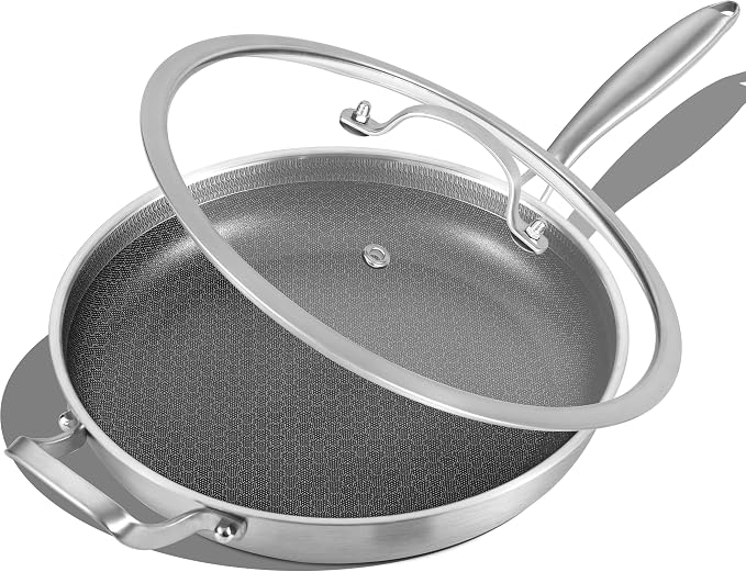 Inqibee 12 Inch Hybrid Nonstick Chef's Pan with Lid | Tri-Ply Stainless Steel Skillet for Meals, Honeycomb Scratch Resistant Surface, Induction Cooking Pan, Dishwasher & Oven Safe