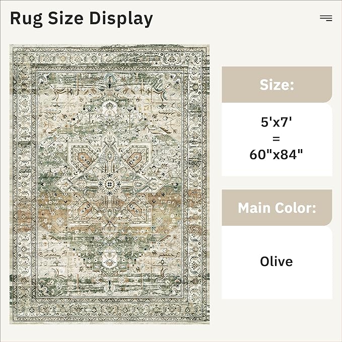 Soalmost 5x7 Area Rug Low Pile Washable Trendy Faded Style Rug, Olive Beige | Vintage Non-Slip Indoor Accent for Bedroom Dining, Foldable Stain Resistant Floor Carpet Mat Under Table Home Office Decor