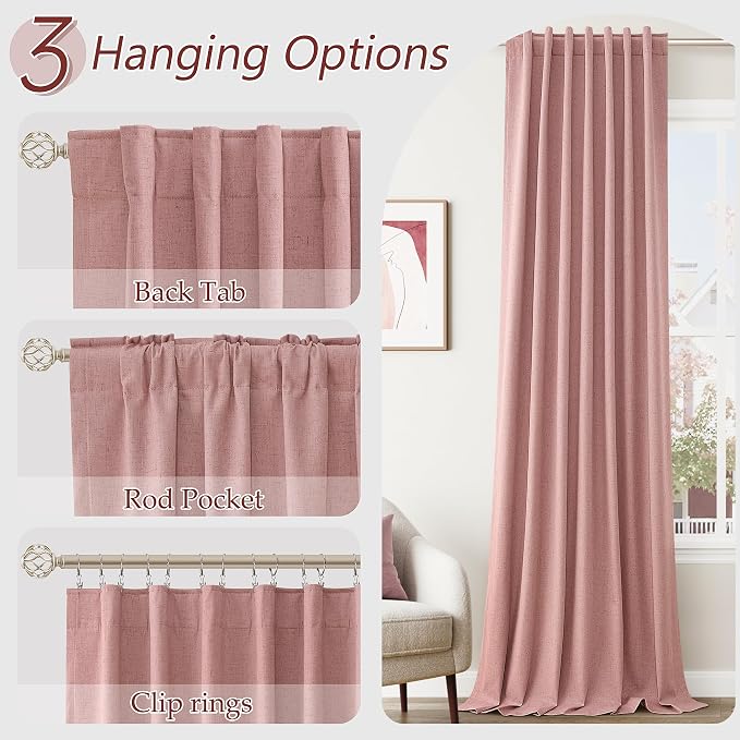 Guken 100% Blackout Curtains 90 Inch Length 2 Panels Set for Living Room Bedroom Back Tab Thermal Insulated Black Out Linen Drapes Room Darkening Window Curtains 90 Inches Long, Ash Rose