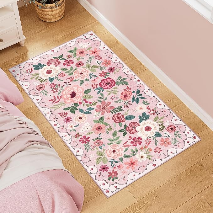 DUKINO 2x4 Entryway Rug, Floral Washable Kitchen Rugs Non Slip, Pink | Low Pile, Soft Indoor Runner Rug for Hallway, Bedroom, Bathroom, Laundry, Pet Friendly, Modern Home Decor, Stain Resistant