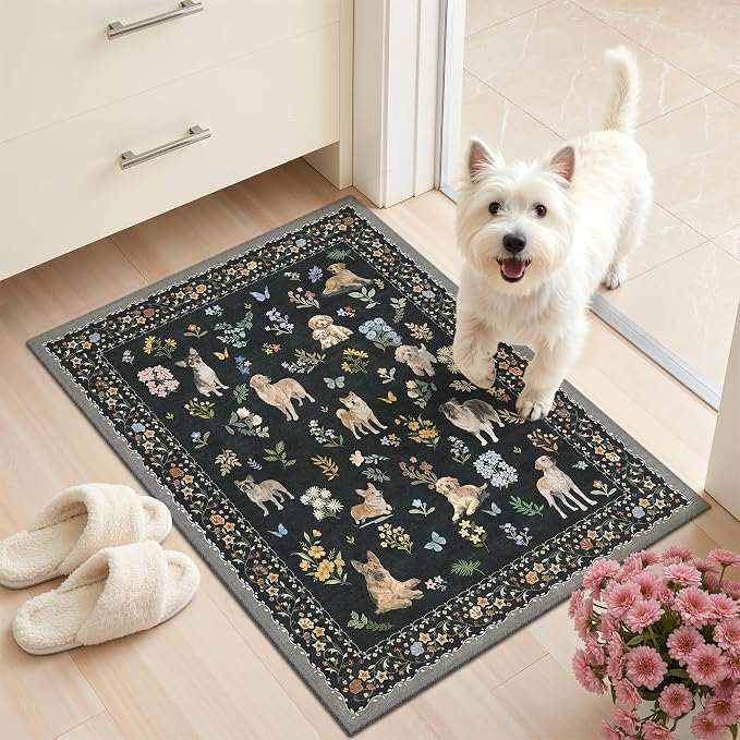 Soalmost 2x3 Dog Rugs for Entryway, Washable Door Mat Animal Soft Rug Black | Floral Small Cute Area Rug Non-Slip Low Pile Throw Rugs for Entrance Kitchen Indoor Front Door Kids Room 2' x 3'