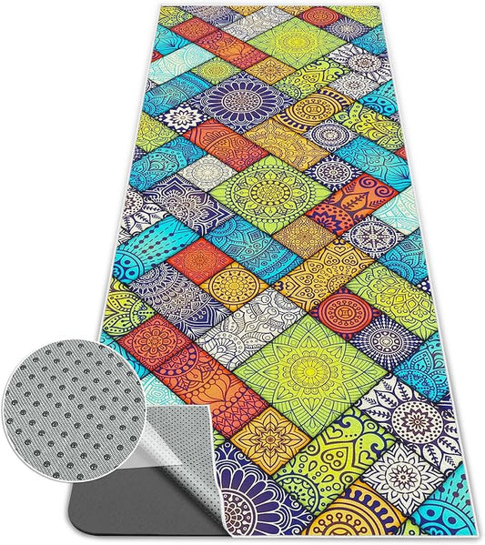 Hot Yoga Towel Non Slip, Ultra-Absorbent Yoga Mat Towel, Soft with Printed Design, Machine Washable, Yoga Pilates Towel Suitable for Exercise, Pilates, Yoga, 72x27in,Grid Mandala