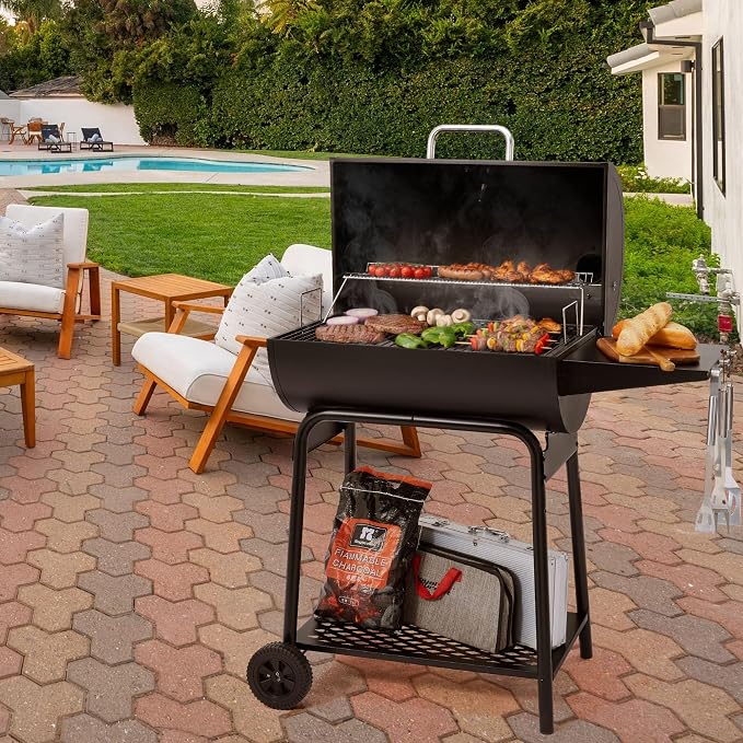 Royal Gourmet CC1830 28 Inch Barrel Charcoal Grill with Warming Rack | Outdoor BBQ Grill with 626 Sq. In. Grilling Space, Side Shelf, for Backyard, Patio and Parties, Black