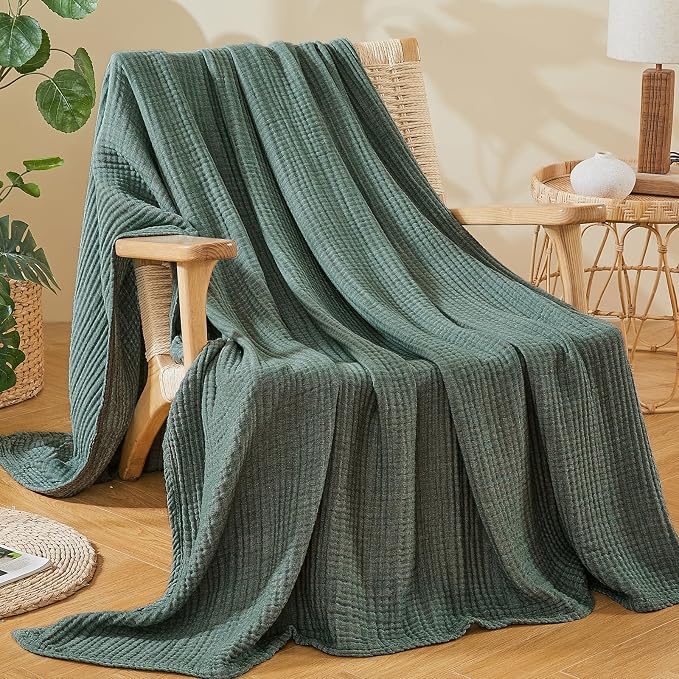 EMME Cotton Muslin Twin XL Blanket Breathable Gauze Soft Lightweight Blankets Adults Gifts for Women (Heather Forest Green, 66"x90")