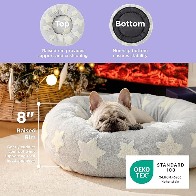 LE SURE Donut Medium Dog Bed - Round Cat Beds for Indoor Cats Calming Pet Beds, Cute Modern Beds with Jacquard Shaggy Plush & Anti Slip Bottom, 30 Inch, Galaxy Grey