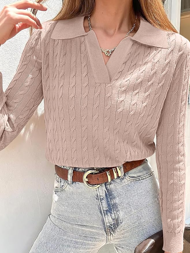 ANRABESS Womens Cable Knit Sweaters Long Sleeve V Neck | Pullover Collared Sweater Tops, Polo Knit Shirts, Business Casual Work, Tennis Golf, Fall Winter Fashion Outfits