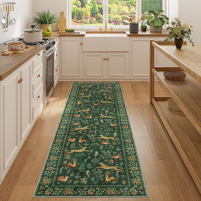 DUKINO 2x7 Runner Rug for Hallway, Washable Kitchen Rugs Non Slip, Green | Low Pile, Stain Resistant, Animal Indoor Carpet Runner for Hallway, Entryway, Bedroom, Bathroom, Lightweight, Pet Friendly