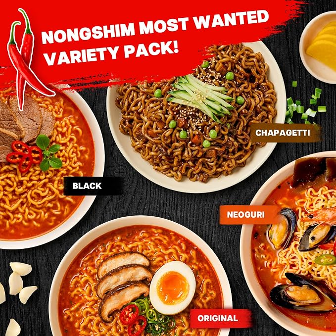 Nongshim Shin Ramyun, Shin Black, Neoguri, Chapagetti Korean Ramen, 16 Pack | Korean ramen variety pack with spicy beef, beef-bone, seafood and roasted black bean profiles