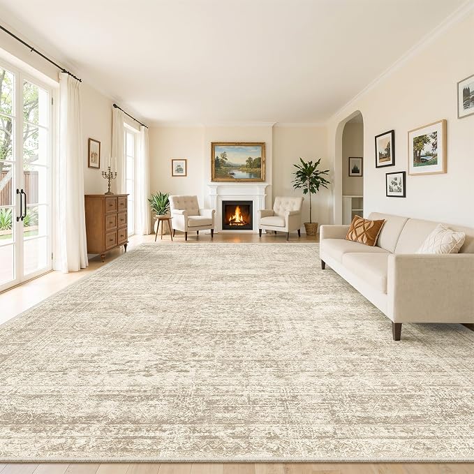 Soalmost 10x14 Area Rugs for Living Room Washable Rug Non-Slip Beige | Large Vintage Stain Resistant Carpet for Dining Bedroom, Low Pile Lightweight Foldable Floor Mat Nursery Home Office Decor