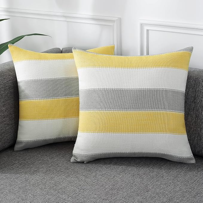 Pack of 2 Farmhouse Stripe Check Throw Pillow Covers Set Case Cotton Linen Decorative Pillowcases Cushion Cover for Couch Bench Sofa 24x24Inch Yellow Beige