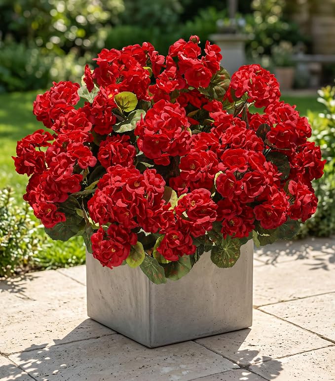 Artificial Geraniums Fake Flowers for Outdoors Decoration, 6 Bundles Silk Geraniums Red Flower UV Resistant Look Real Faux Plants for Front Door Garden Porch Planter Patio Balcony Yard Indoor Home
