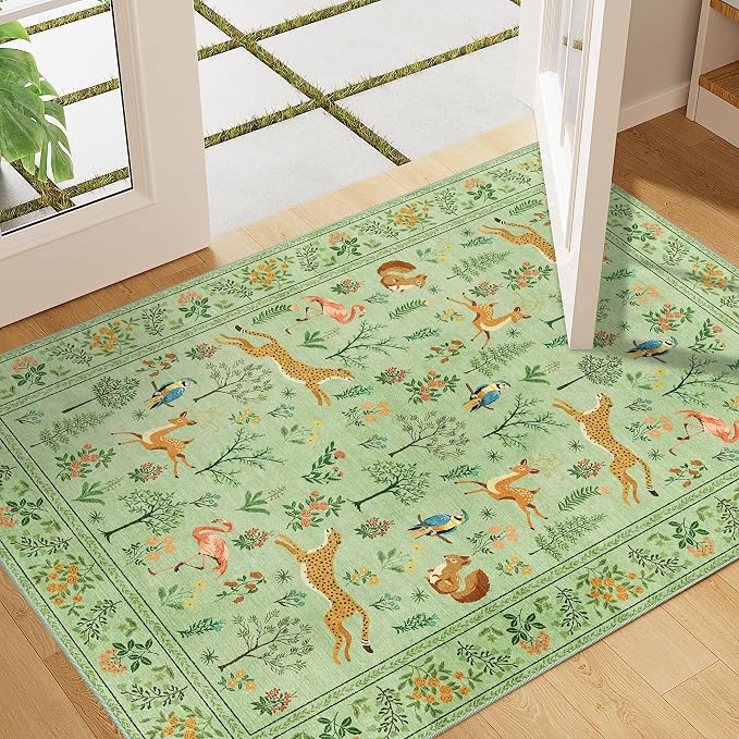 DUKINO 2x3 Entryway Rug, Washable Door Mat Animal Kitchen Rug, Light Green | Non Slip, Low Pile, Soft Indoor Small Rug for Entrance, Bedroom, Bathroom, Laundry, Pet Friendly, Lightweight, Non-Shedding