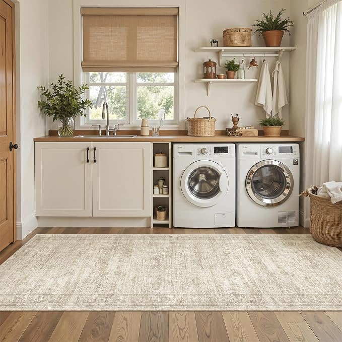 Soalmost Washable Kitchen Runner Rug 3x8 Hallway Entry Rugs Non-Slip, Beige | Vintage Runners 8ft for Bathroom Laundry Room, Foldable Low-Pile Floor Carpet Mat for Entryway Corridor Bedroom