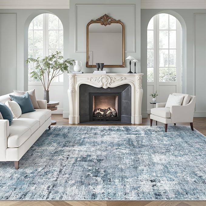 Soalmost Abstract 7x10 Area Rug for Living Room Washable Rugs Blue/Grey | Non-Slip Low-Pile Carpet for Dining Bedroom, Foldable Thin Vintage Stain Resistant Floor Mat Under Table Home Office Nursery