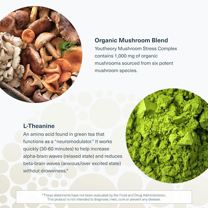 Youtheory Mushroom Stress Complex - 60 Vegetarian Capsules (20 Day Supply) - Organic Full-Spectrum Mushroom Blend with L-Theanine - Supports Immune System & Gut Health*- Supports Mental Calmness*