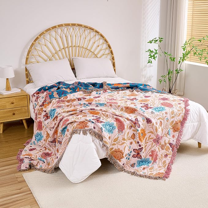 VANJOROY Boho Throw Blanket, 100% Organic Cotton Breathable Ultra Soft 50" x 60" Bed Quilt Throw - All Season Floral Rustic Farmhouse Decor Luxury Reversible Blanket for Sofa Couch Chair and Gift