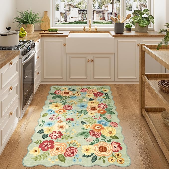 DUKINO 3x5 Area Rugs, Non Slip Floral Washable Rug for Bedroom, Green | Soft, Low Pile, Non-Shedding Throw Rugs for Living Room, Entryway, Kitchen, Kids Room, Pet Friendly, Home Decor, Lightweight