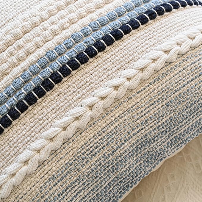 Coastal Blue Boho Decorative Throw Pillow Cover 22x22 Modern Bohemian Accent Pillow Case Square Woven Textured Farmhouse Pillows for Couch Bed (Pack of 1)