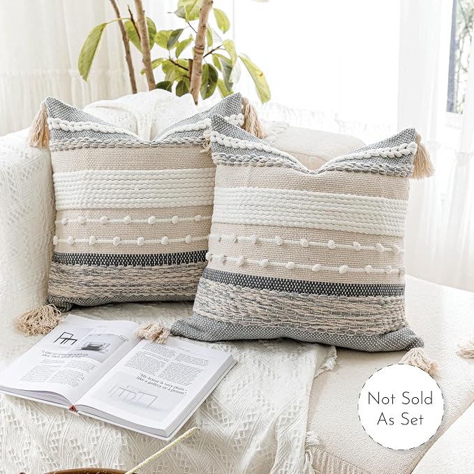 Gray Boho Throw Pillow Cover 22x22, Grey Decorative Accent Pillow for Couch, Square Woven Textured Pillowcase, Modern Farmhouse Pillow for Bed, Bohemian Pillow Cover (Pack of 1)
