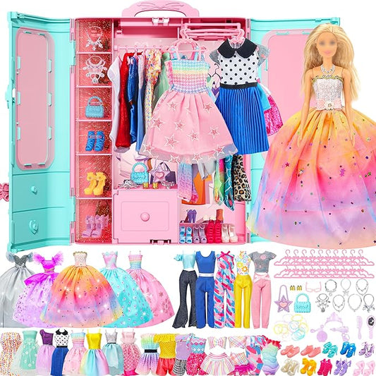 Style Shine 70 Pcs Closet Playset with Clothes & Accessories,2 Wedding Gowns 2 Casual Outfits 6 Fashion Dresses 2 Swimsuit 10 Shoes 27 Accessories 20 Hangers,Toys for Girls Kids Gifts