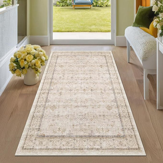 3x6 Wide Area Rugs for Hallways Non Slip, Machine Washable Rug for Kitchen Floor, Entryway, Soft Low Pile Neutral Sand Beige Décor, Geometric Floral Pattern Stain Resistant Carpet