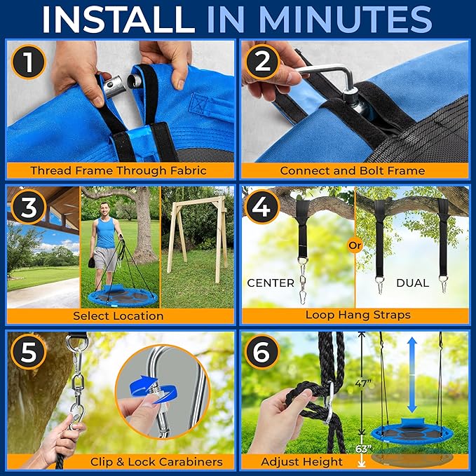 SereneLife 40" Saucer Swing - Outdoor Swing Set with Universal Hanging Kit, Swinging Seat Spinner with Pillow & Carry Bag, Weatherproof, Water-Resistant, Supports Up to 700 lbs, Blue