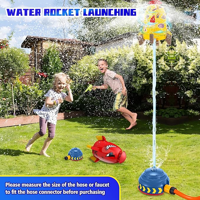 Water Rocket Launcher Sprinkler for Kids – Outdoor Summer Water Toys with Rocket Design & 360° Spin, Backyard Fun for Boys Girls Ages 3-12, Holiday & Birthday Gift
