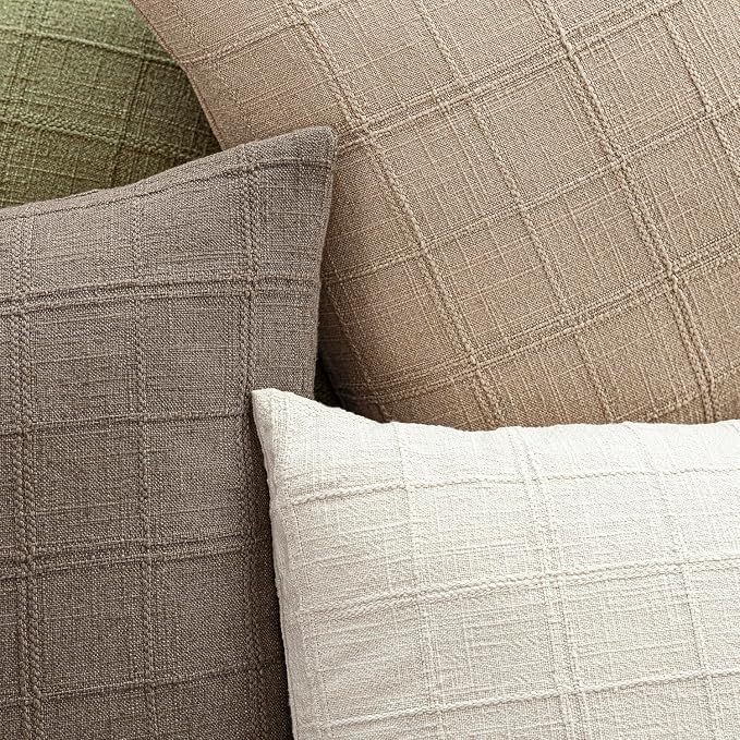 Foindtower Set of 2 Decorative Linen Check Throw Pillow Covers Neutral Farmhouse Vintage Cushion Covers Modern Coastal Boho Home Decor for Sofa Chair Couch Bedroom Living Room,24×24 Inch,Camel