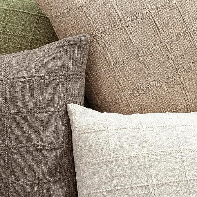 Foindtower Set of 2 Decorative Linen Check Throw Pillow Covers Neutral Farmhouse Vintage Cushion Covers Modern Coastal Boho Home Decor for Sofa Chair Couch Bedroom Living Room,20×20 Inch,Camel