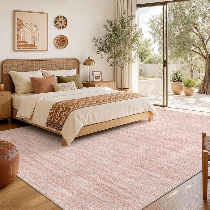 Nakagishi 6X8 Area Rugs Living Room: Washable Large Vintage Rug Neutral Non-Slip Soft Stain Resistant Indoor Carpet for Bedroom Nursery Dining Room Office Playroom - Pink