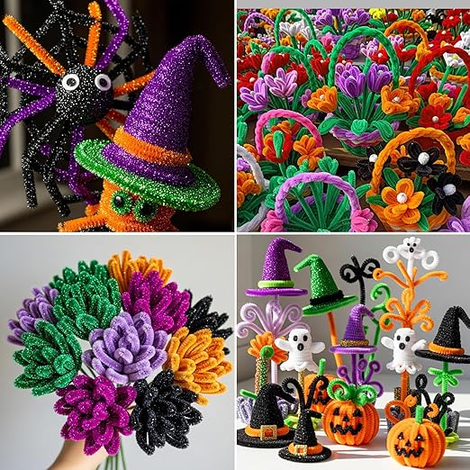 Caydo 320 Pieces Halloween Pipe Cleaners Chenille Stems 6mm x 12inch, Chenille Stems for DIY Art Craft Decorations (Black, Brown, Dark Green, Orange)