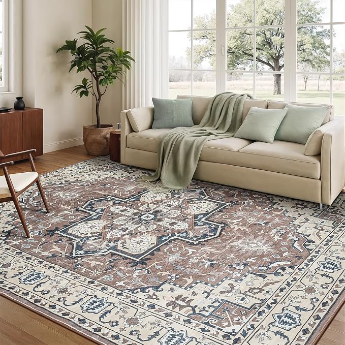 Rugflix 8x10 Area Rugs for Living Room, Washable Brown Beige Large Rug | Machine Washable; Stain-Resistant; Low Pile; Non-Slip; Vintage Printed; Carpet for Bedroom Dining Office Nursery Home