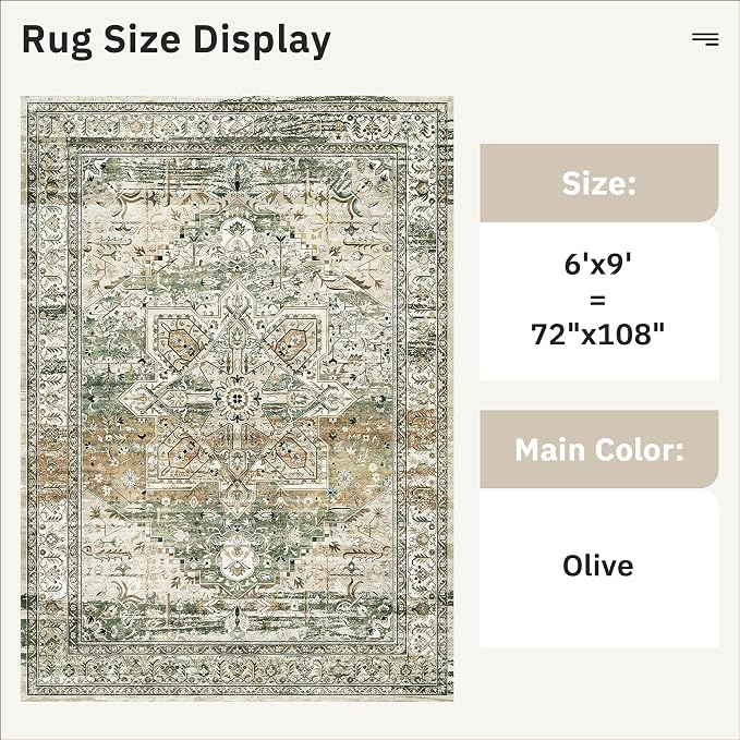 Soalmost 6x9 Area Rug for Living Room Washable Rugs Non-Slip Olive Beige | Low-Pile Vintage Carpet for Dining Bedroom, Foldable Thin Stain Resistant Floor Mat Under Table Home Office Nursery Decor