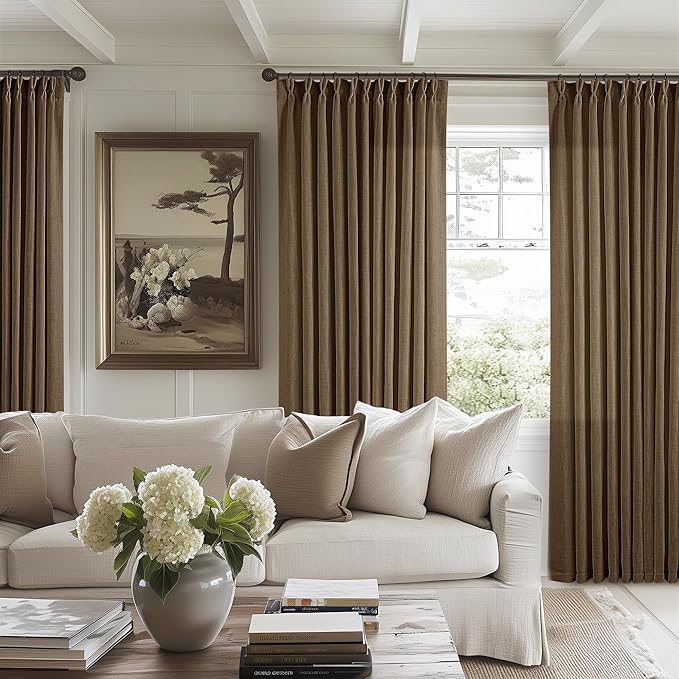 Extra Wide 108 Inch Long Curtains 70 Inch Wide Pinch Pleat Linen Curtains for Living Room Bedroom Light Filtering Privacy Pleated Drapes Hooks Rings Back Tab for Sliding Door Dutch Cocoa 1 Panel