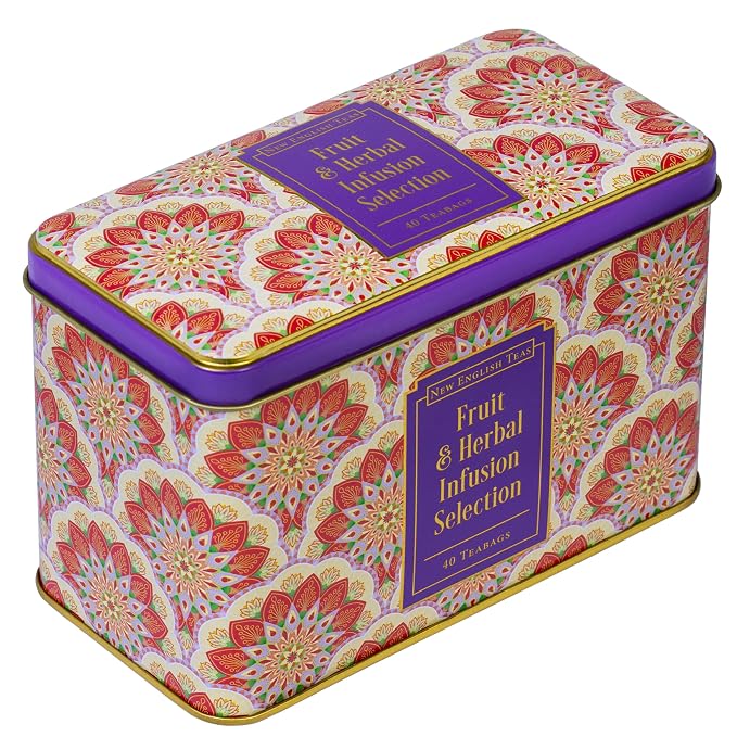 New English Teas Fruit & Herbal Tea Selection Gift Set – 40 Individually Wrapped Caffeine-Free Tea Bags in Decorative Floral Tin – Variety Pack including Peppermint, Berry, & Camomile