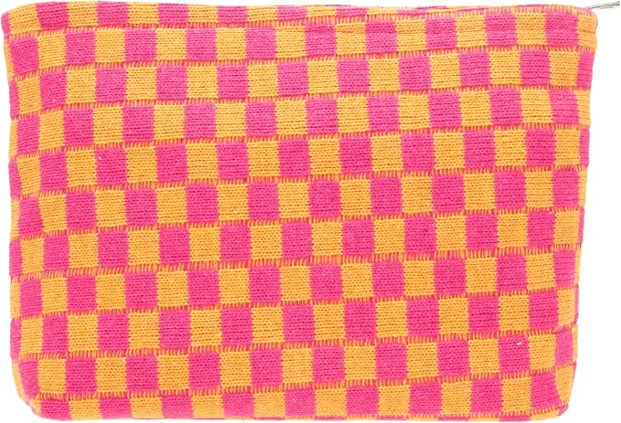 PAZIMIIK Knitted Checkered Makeup Bag Large Zipper Make Up Accessory Pouch for Purse Cosmetic Brush Bag for Travel Red Orange