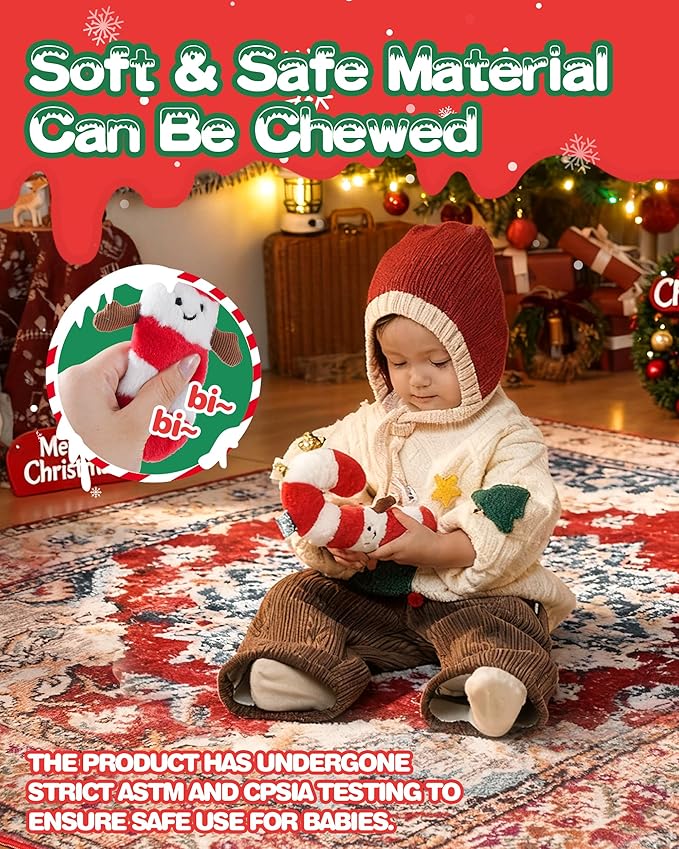 Jollybaby My Baby First Christmas Toys Candy Cane Squeaker for 0-6-12-18 Months, Car Seat Stroller Crib Toy, Christmas Stocking/Socks Stuffers Gifts for Tummy Time Infants/Newborns Boy and Girl